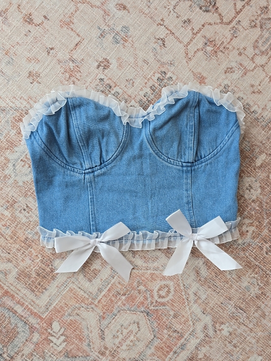 SHEIN Tops - Bershka Light Blue Denim Bustier Top with White Ruffle Trim